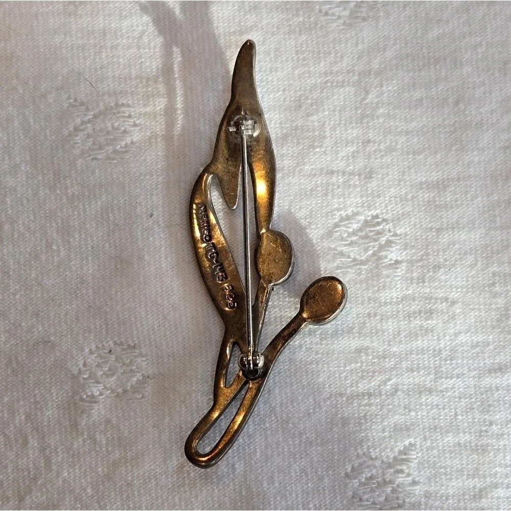 Mexico TG-143 Sterling Silver 925 Floral Brooch with Green and Black Stones